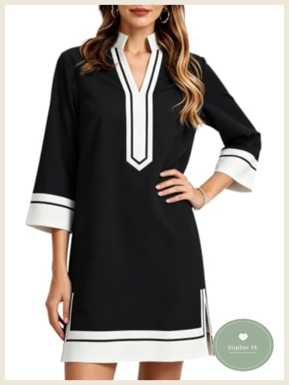Kedera Women's Linen Shift Dress V Neck 3/4 Sleeve Deep V Neck Casual Mini